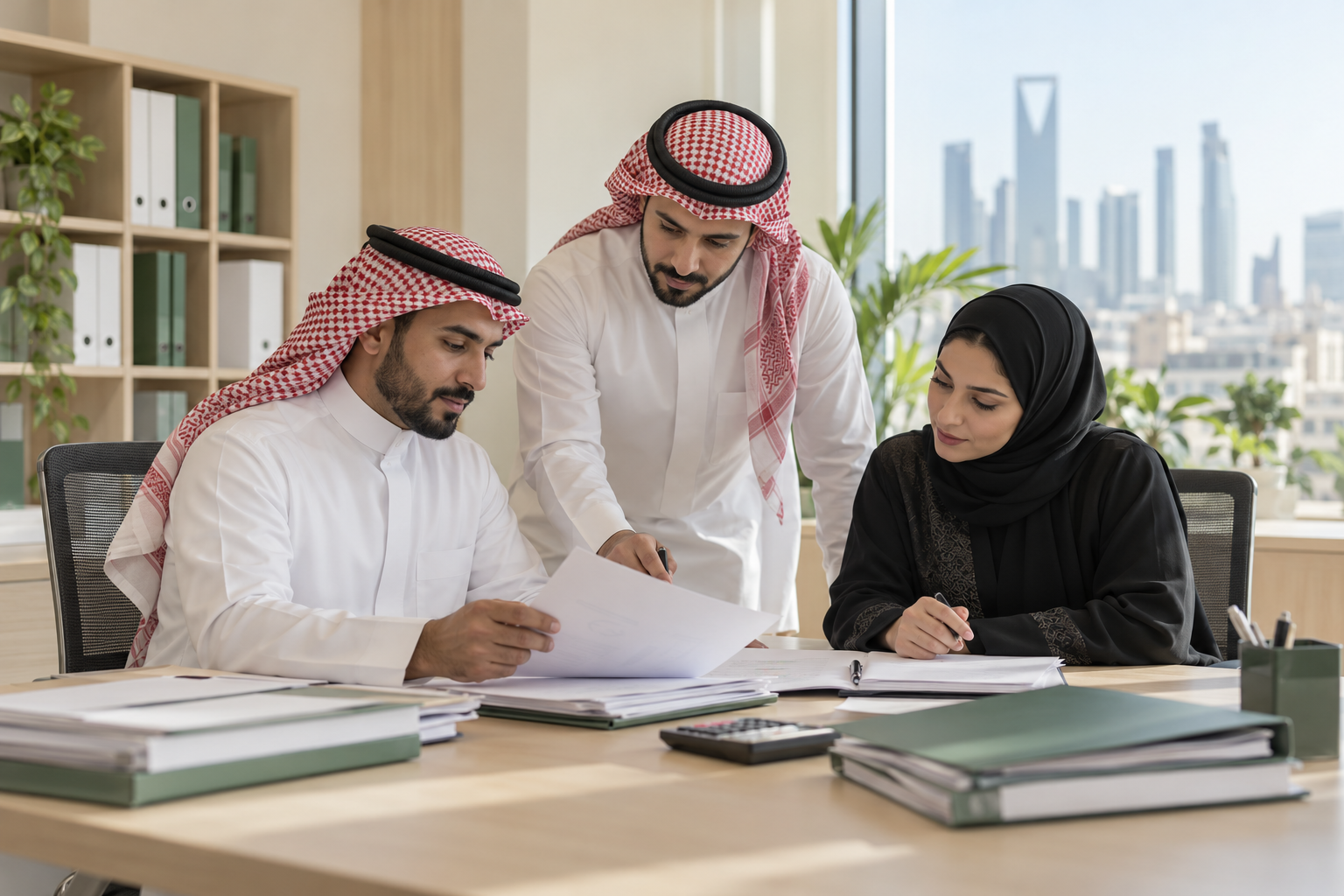 فريق محاسبة يراجع مستندات مع آلة حاسبة