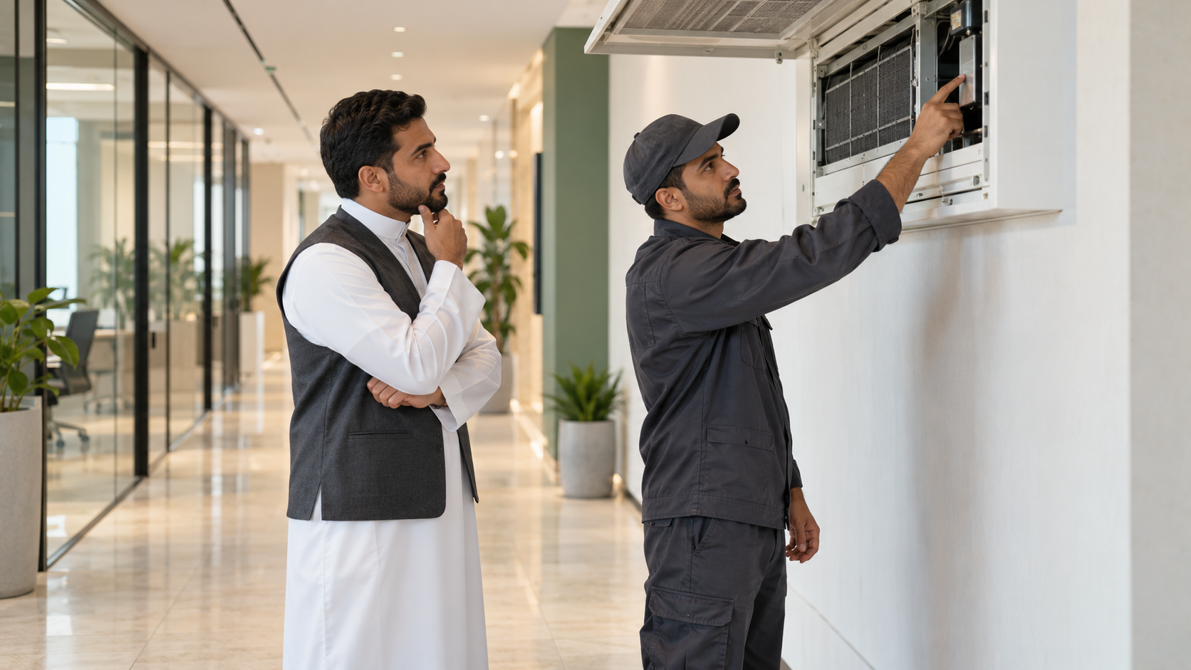 مشرف وفني يراجعان احتياج صيانة في مبنى مكاتب