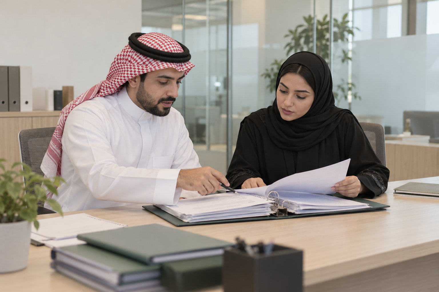 موظفان يراجعان ملف خدمة في مكتب