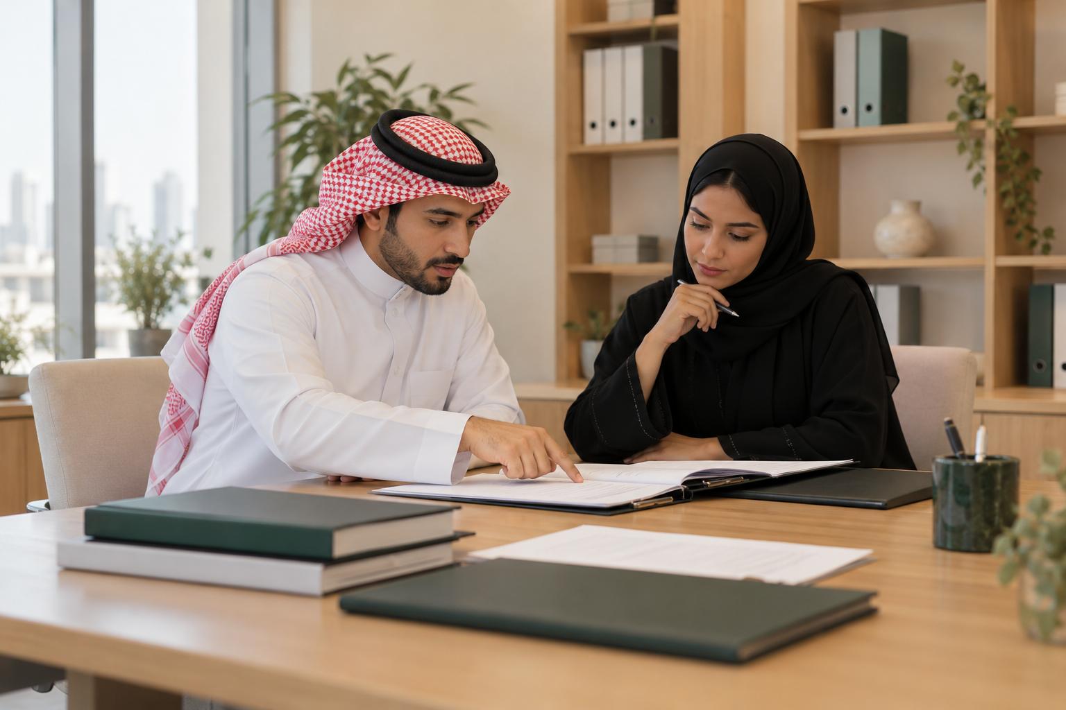 مختصان يراجعان ملفًا في مكتب قانوني